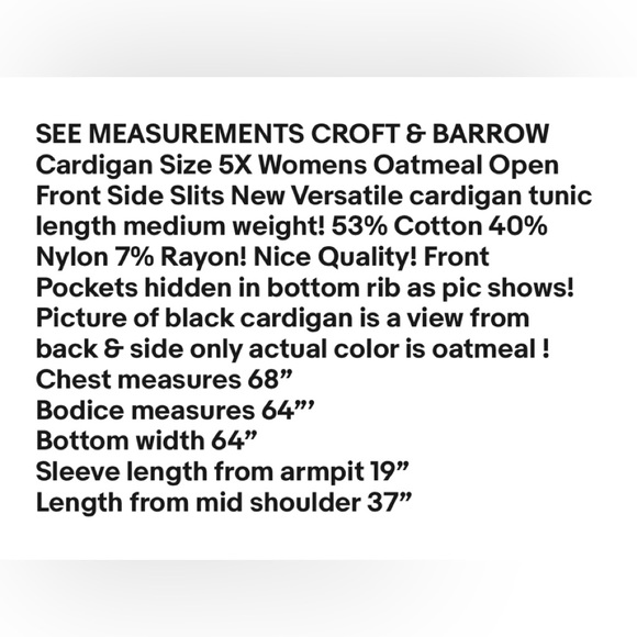 CROFT & BARROW Cardigan Size 5X Womens Oatmeal Open Front Side Slits New - Picture 9 of 9